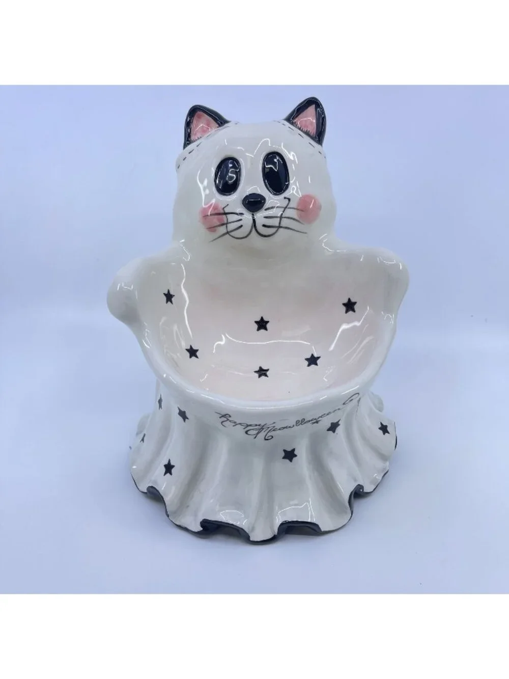 blue sky clay works ghost cat ceramic pedestal bowl happy meowlloween inscriptio
